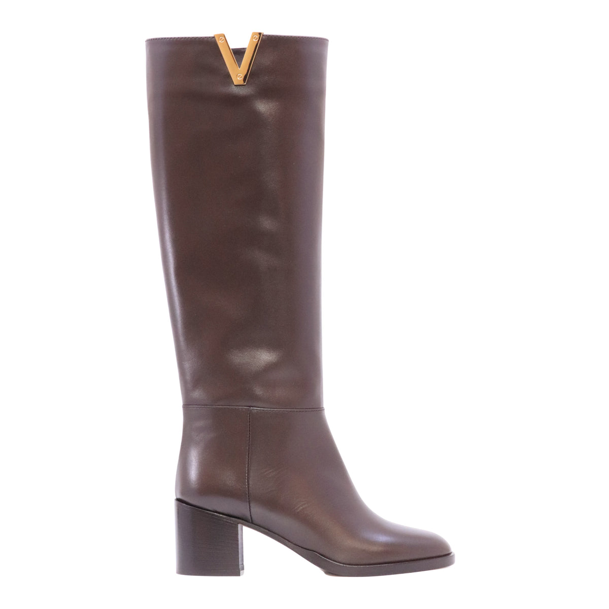Via Roma 15 4720 Soft stivale alto donna in pelle testa di moro con V oro e tacco 5 cm 