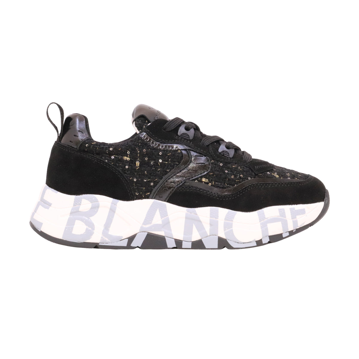 Voile Blanche Club105 sneaker donna nera in pelle, camoscio e tessuto con paillettes 