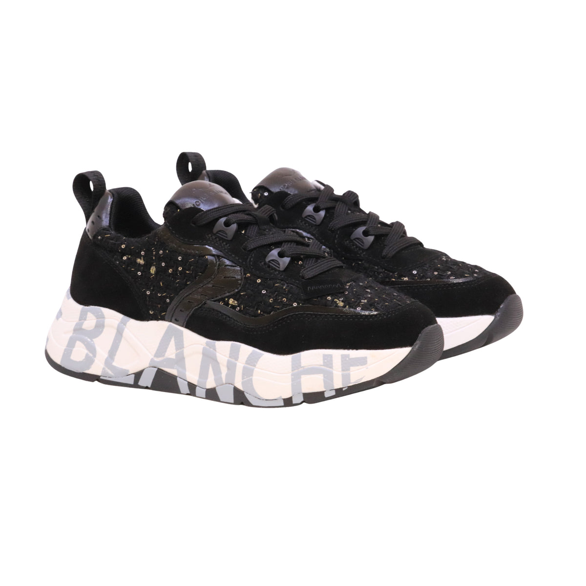 Voile Blanche Club105 sneaker donna nera in pelle, camoscio e tessuto con paillettes 