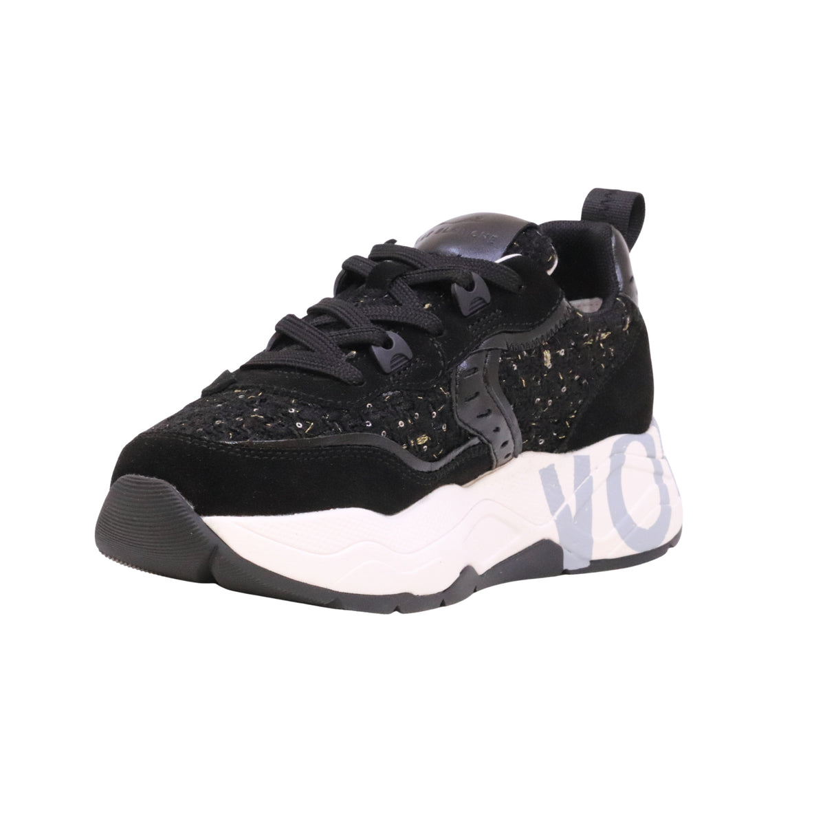 Voile Blanche Club105 sneaker donna nera in pelle, camoscio e tessuto con paillettes 