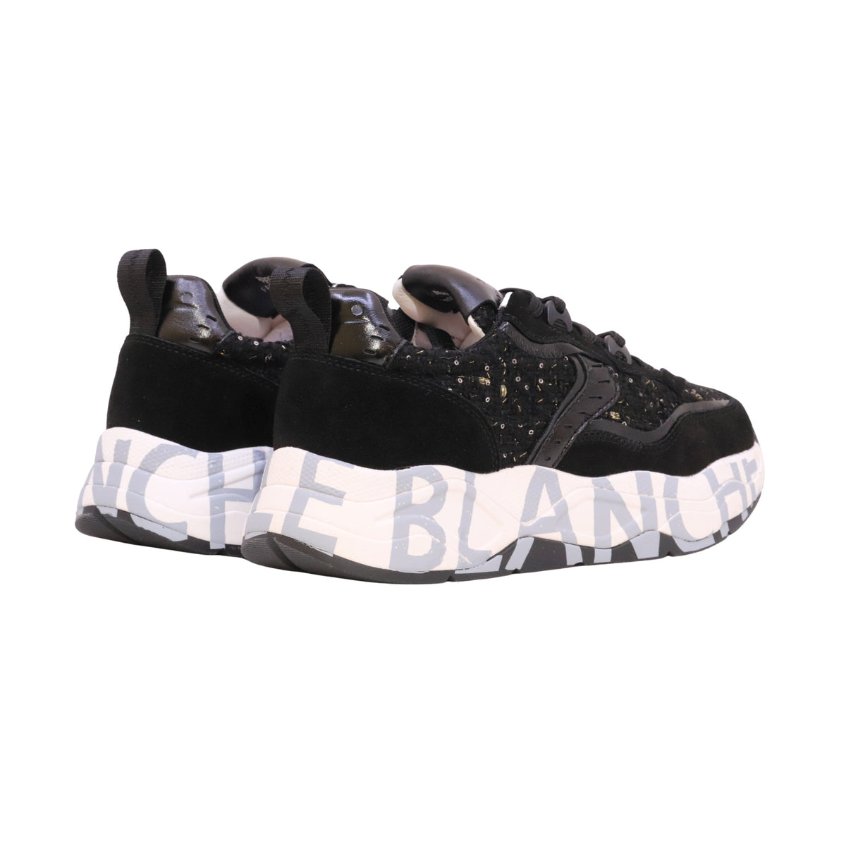 Voile Blanche Club105 sneaker donna nera in pelle, camoscio e tessuto con paillettes 