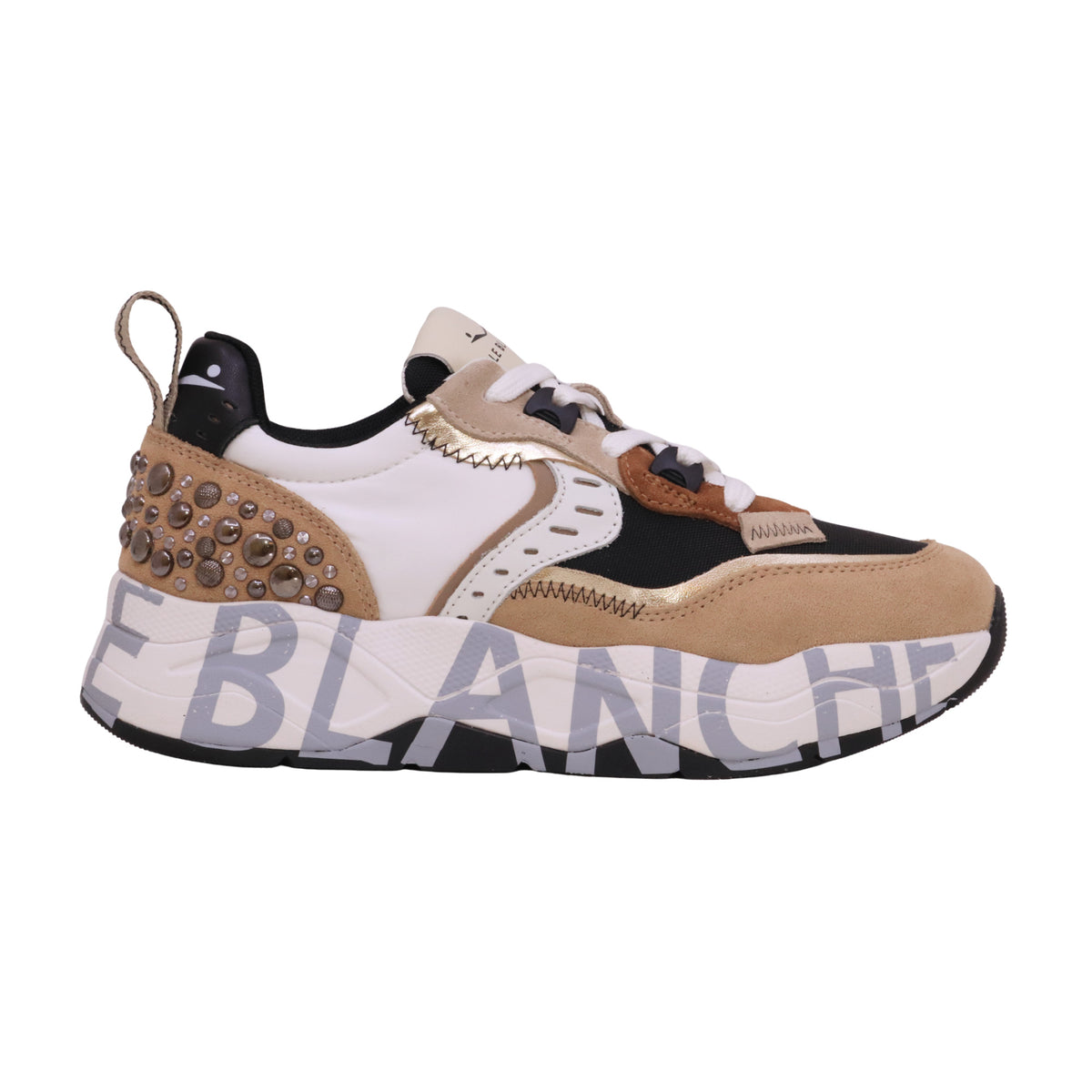 Voile Blanche Club105 sneaker donna Marrone Beige in pelle e tessuto con borchie 