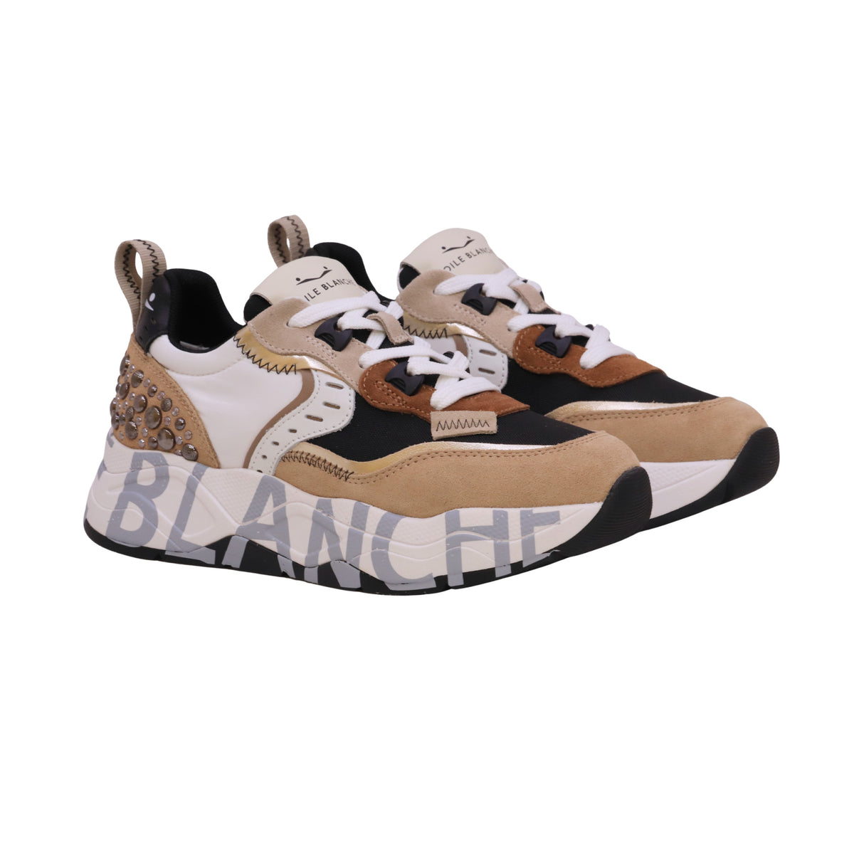 Voile Blanche Club105 sneaker donna Marrone Beige in pelle e tessuto con borchie 