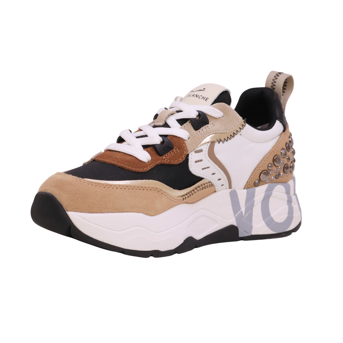 Voile Blanche Club105 sneaker donna Marrone Beige in pelle e tessuto con borchie 
