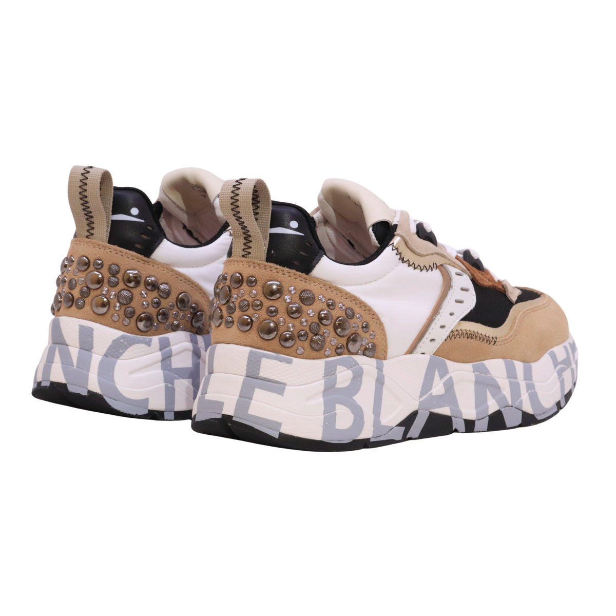 Voile Blanche Club105 sneaker donna Marrone Beige in pelle e tessuto con borchie 