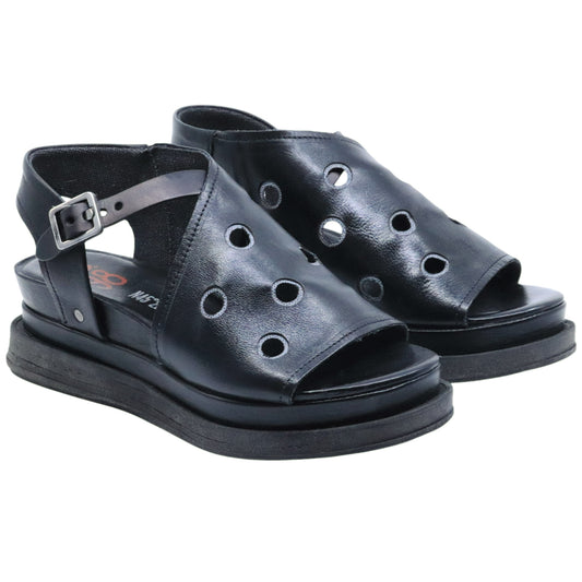 AS98 A15043 Nero Smoke sandalo donna in pelle nera con zeppa casual artigianale 
