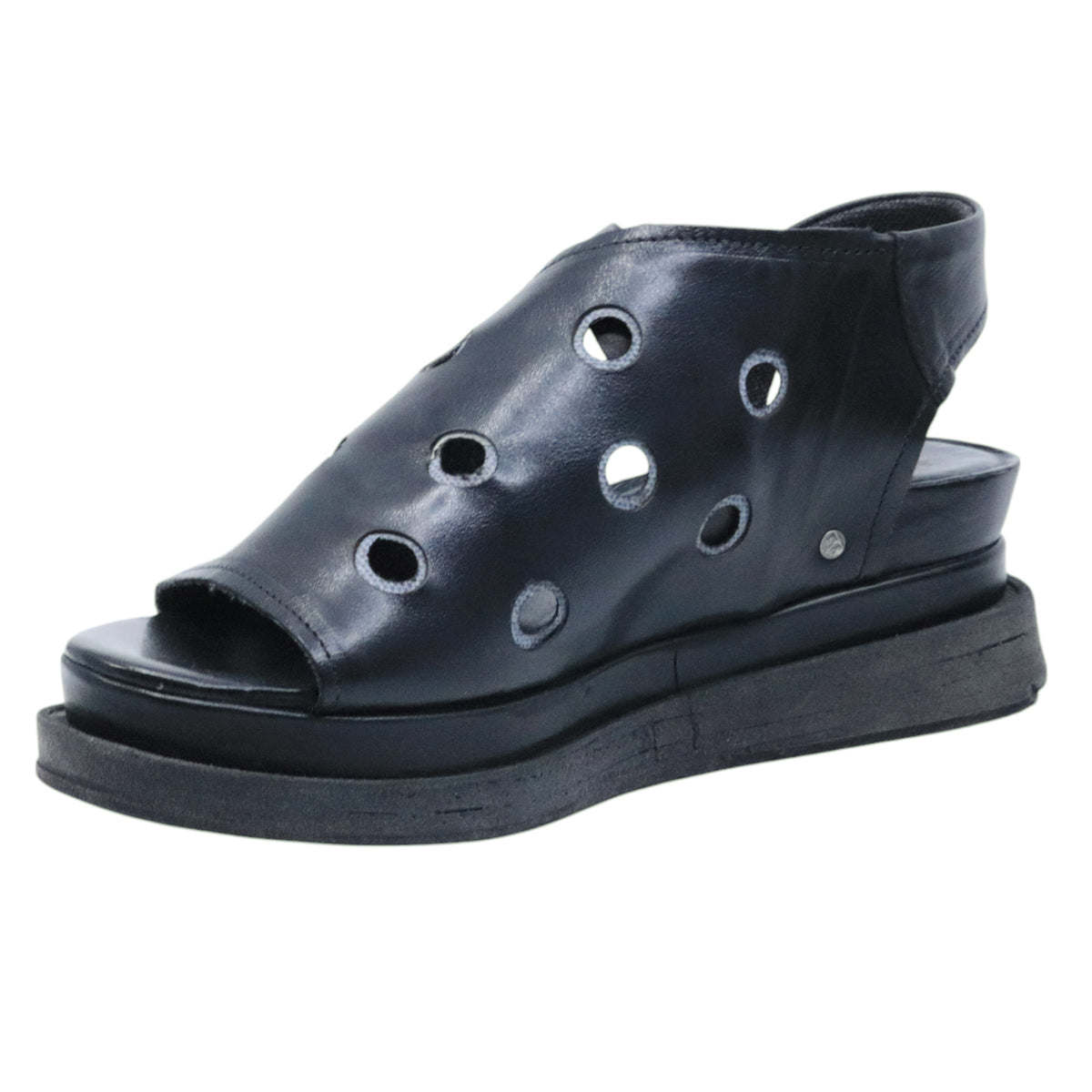 AS98 A15043 Nero Smoke sandalo donna in pelle nera con zeppa casual artigianale 