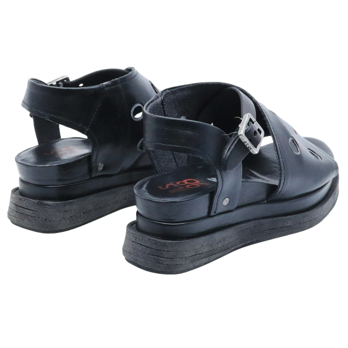 AS98 A15043 Nero Smoke sandalo donna in pelle nera con zeppa casual artigianale 