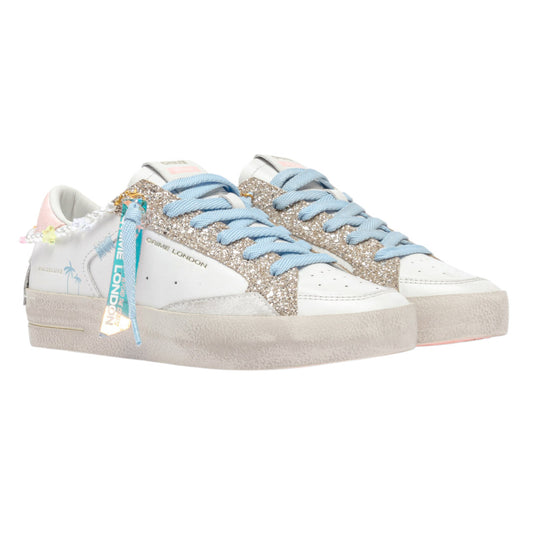 Sneaker donna Crime London Skate 20103 in pelle bianca e glitter platino 