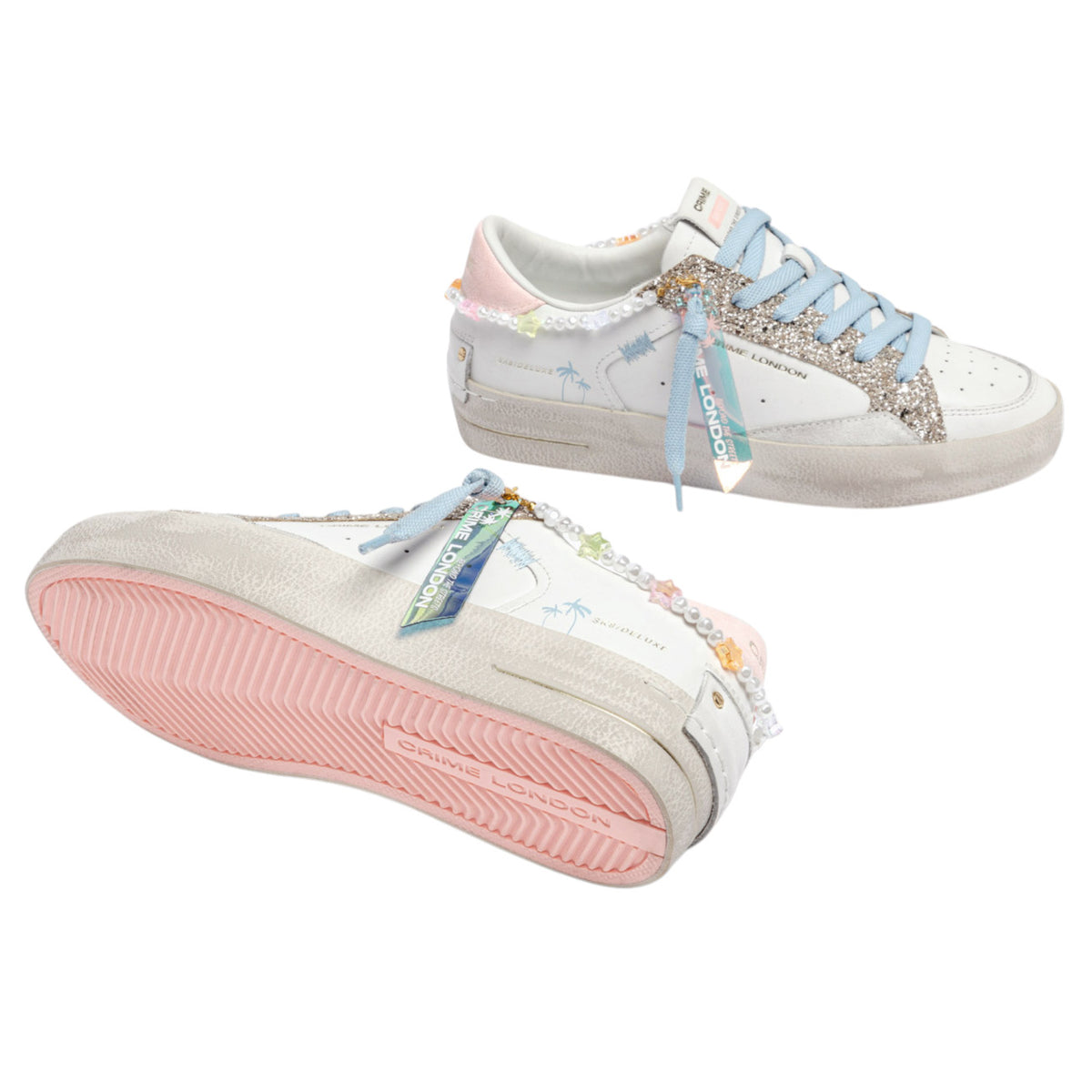 Sneaker donna Crime London Skate 20103 in pelle bianca e glitter platino 