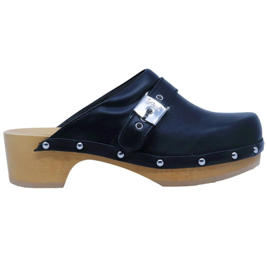Scholl Pescura Clog 50 Nero sabot donna in pelle nera con suola in legno Made in Italy 