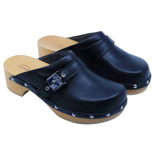 Scholl Pescura Clog 50 Nero sabot donna in pelle nera con suola in legno Made in Italy 
