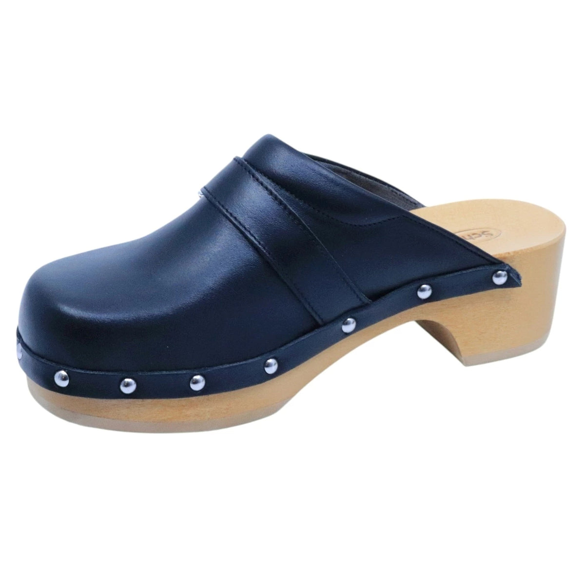 Scholl Pescura Clog 50 Nero sabot donna in pelle nera con suola in legno Made in Italy 