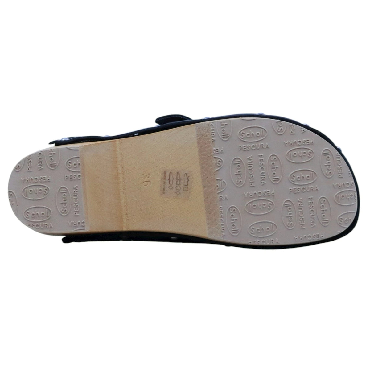 Scholl Pescura Clog 50 Nero sabot donna in pelle nera con suola in legno Made in Italy 