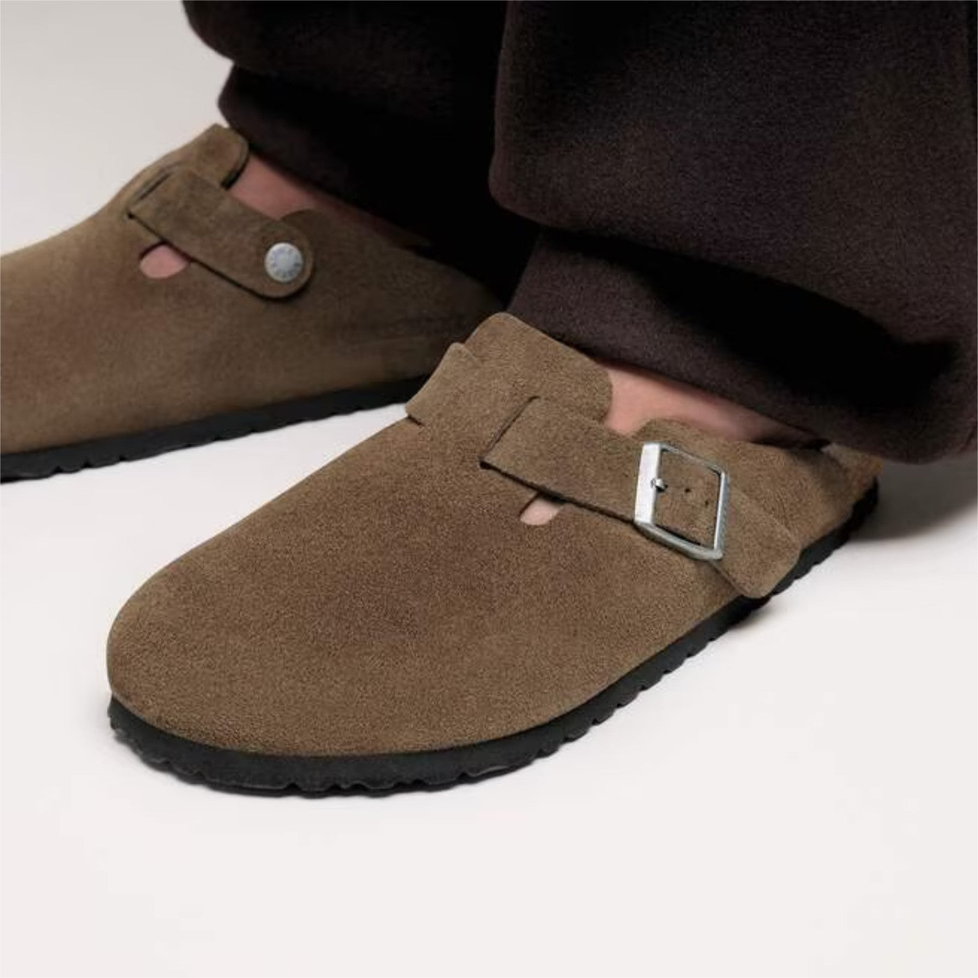 Birkenstock Boston Soft Footbed pelle scamosciata Dark Tea Tonal sabot unisex narrow fit 