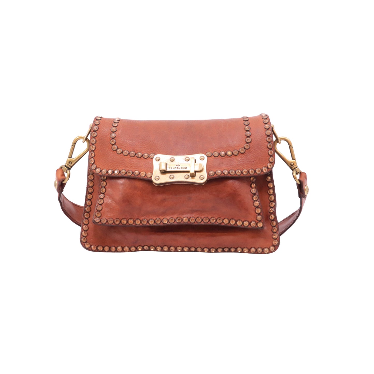 Campomaggi Agnese C016500 borsa tracolla donna in pelle cognac con borchie Made in Italy 