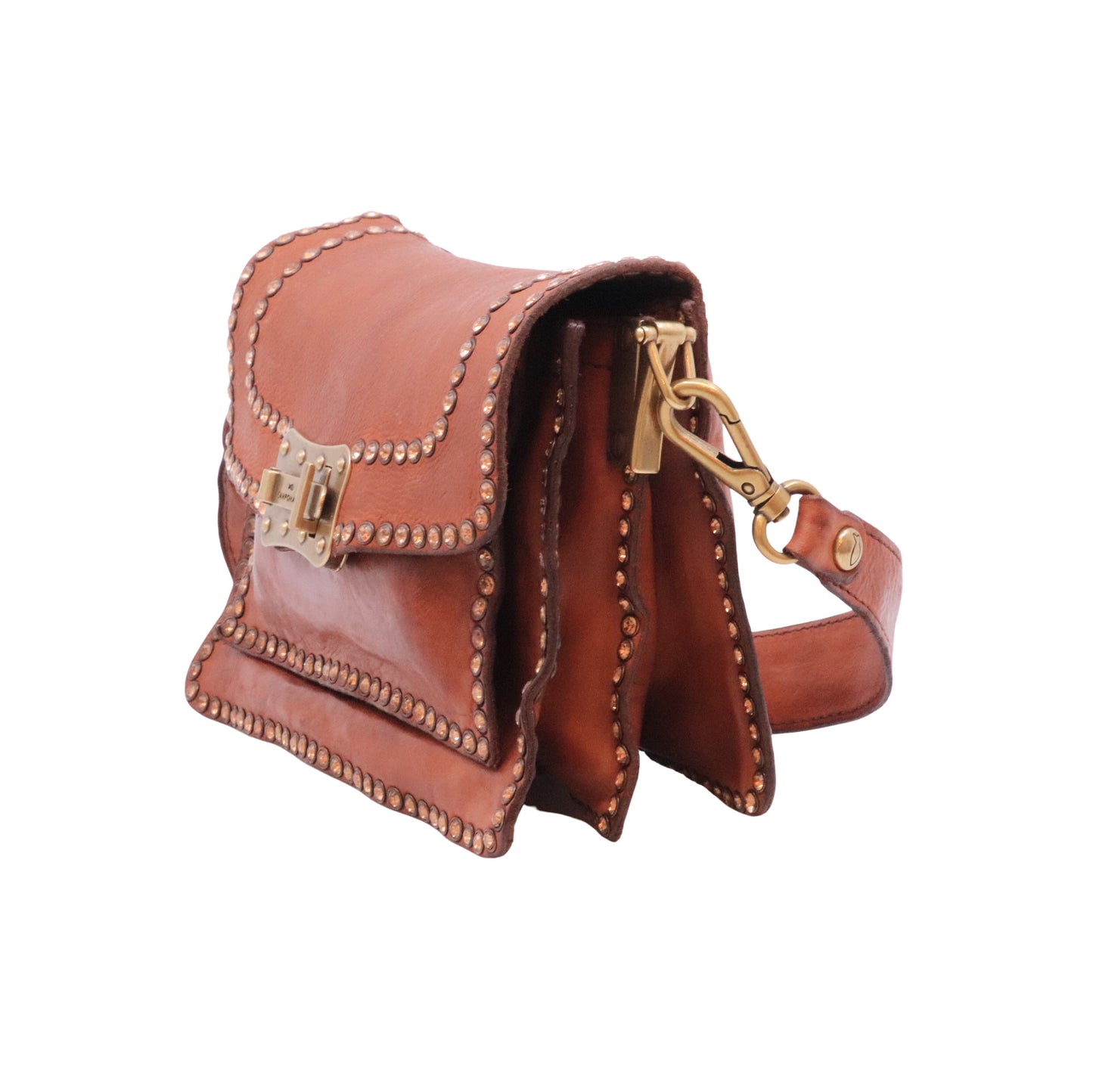 Campomaggi Agnese C016500 borsa tracolla donna in pelle cognac con borchie Made in Italy 