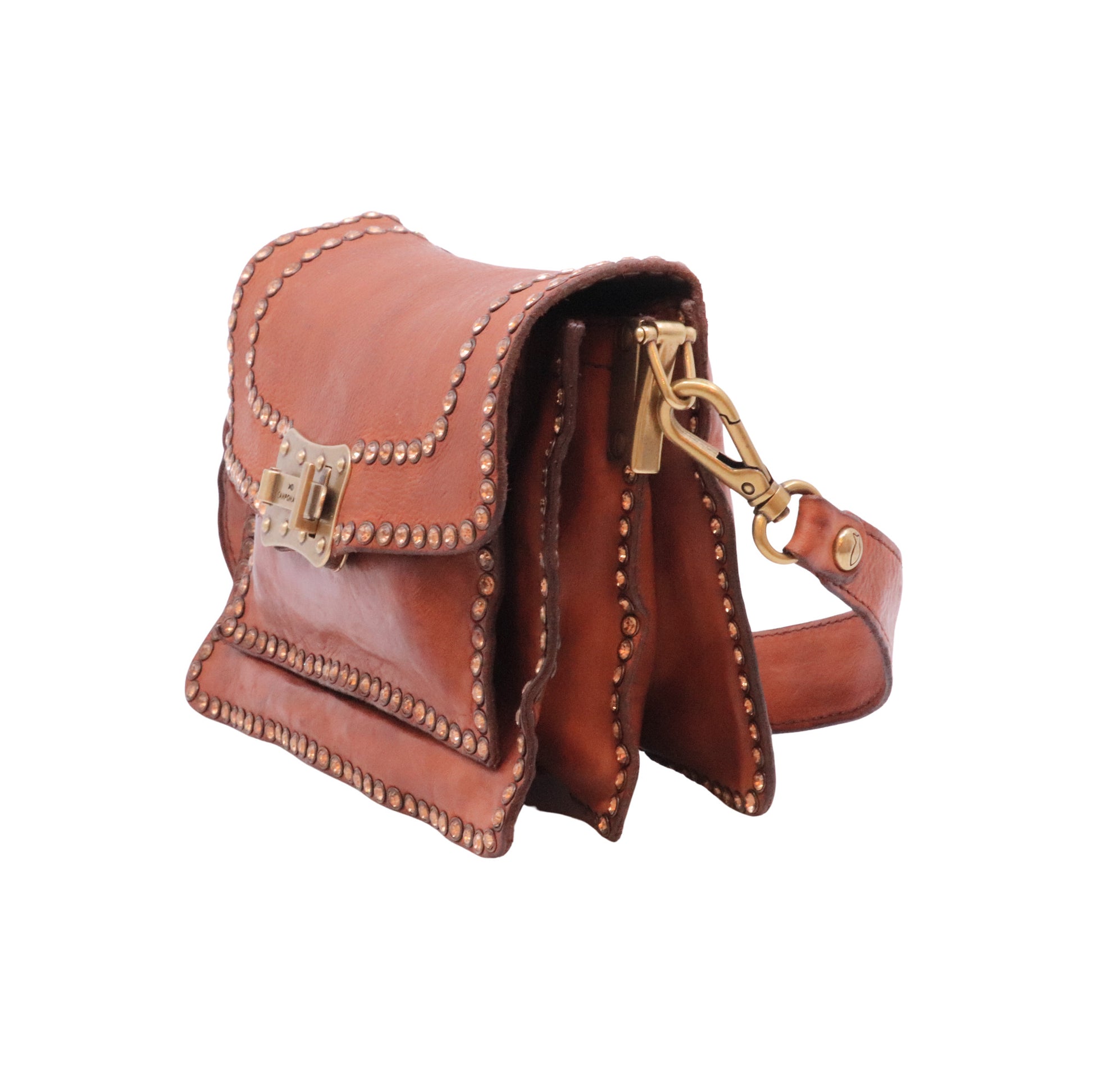 Campomaggi Agnese C016500 borsa tracolla donna in pelle cognac con borchie Made in Italy 