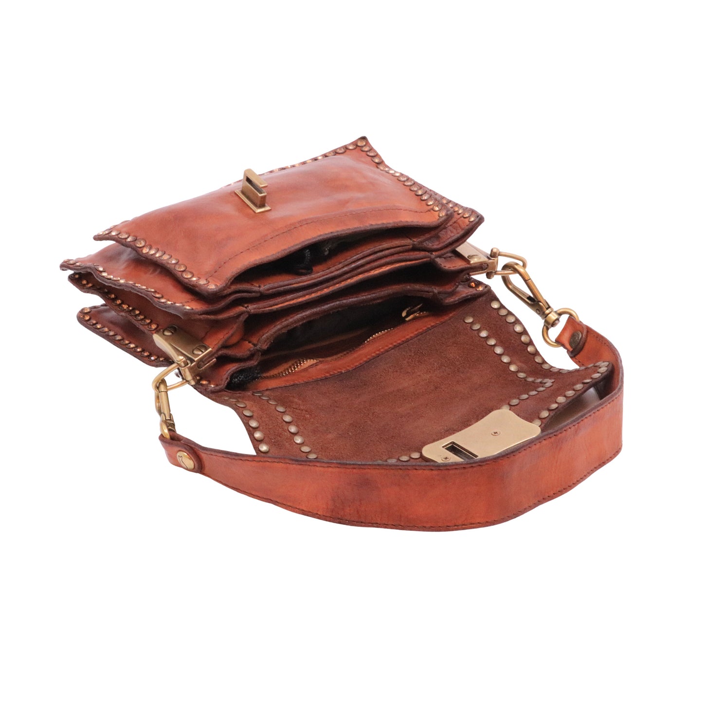 Campomaggi Agnese C016500 borsa tracolla donna in pelle cognac con borchie Made in Italy 
