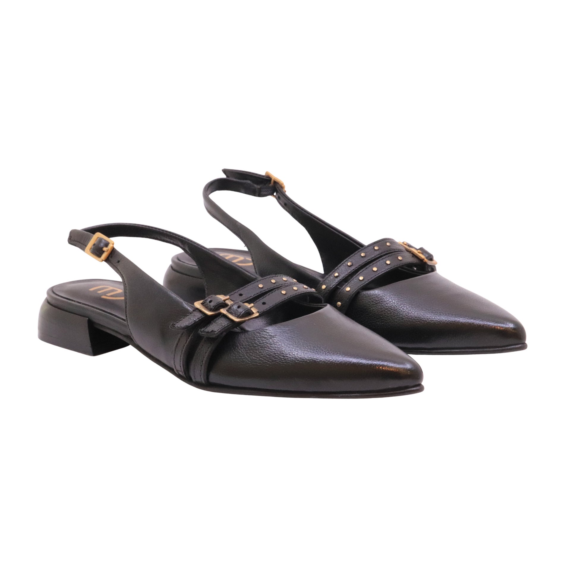 Mjus T98117 slingback donna in pelle nera con fibbie oro 