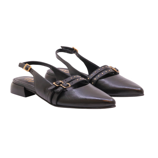 Mjus T98117 slingback donna in pelle nera con fibbie oro 