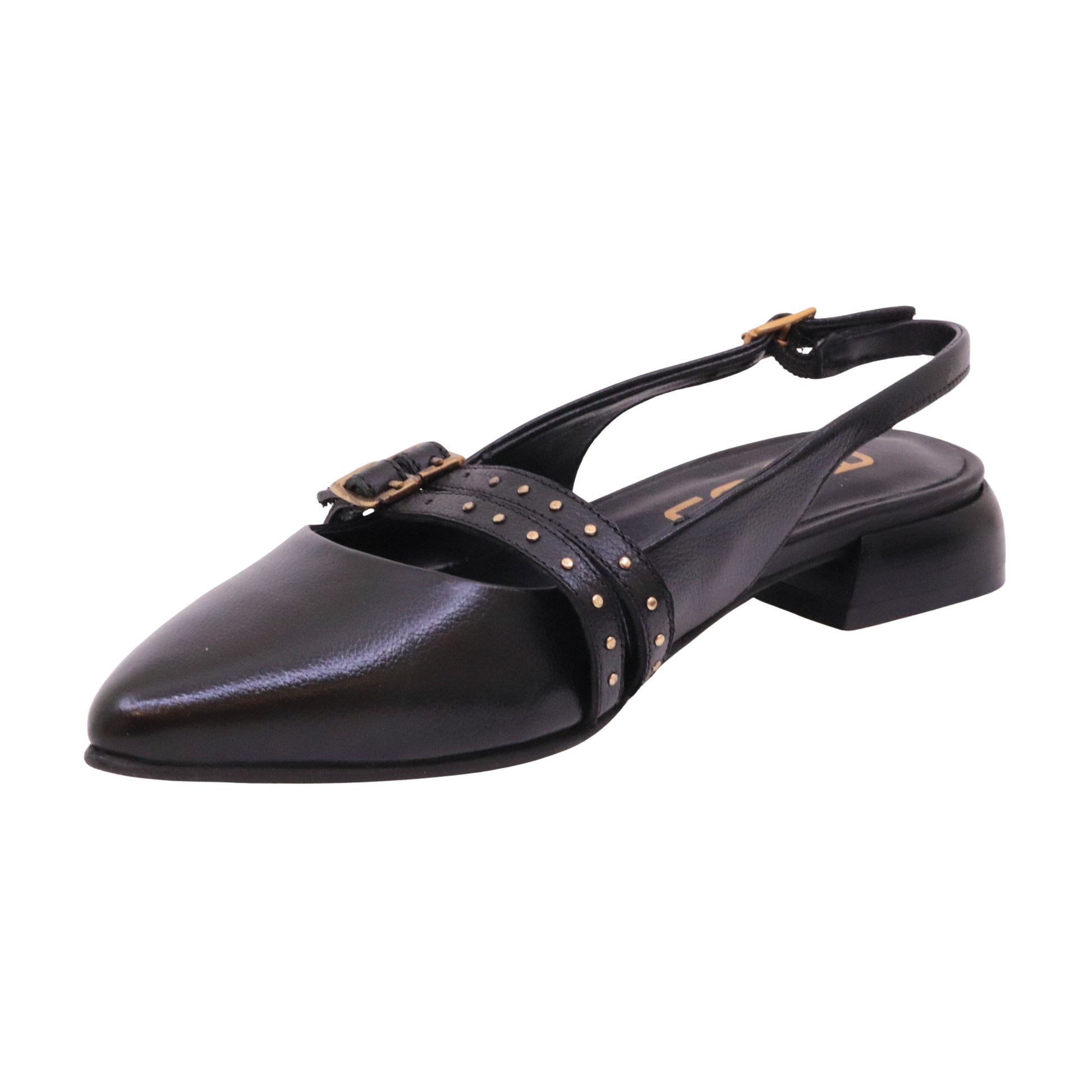 Mjus T98117 slingback donna in pelle nera con fibbie oro 