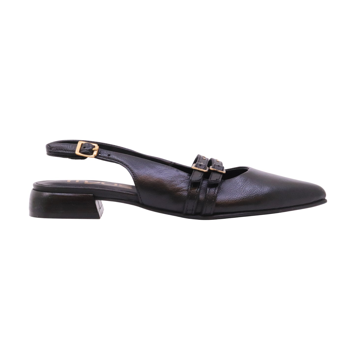 Mjus T98117 slingback donna in pelle nera con fibbie oro 
