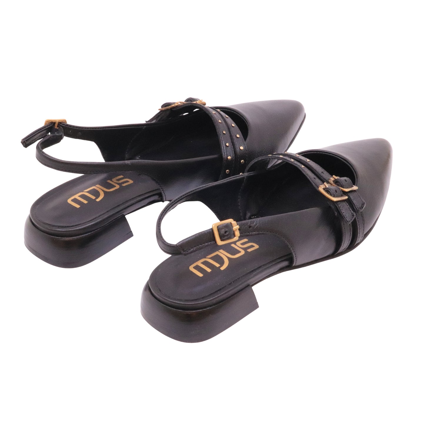 Mjus T98117 slingback donna in pelle nera con fibbie oro 