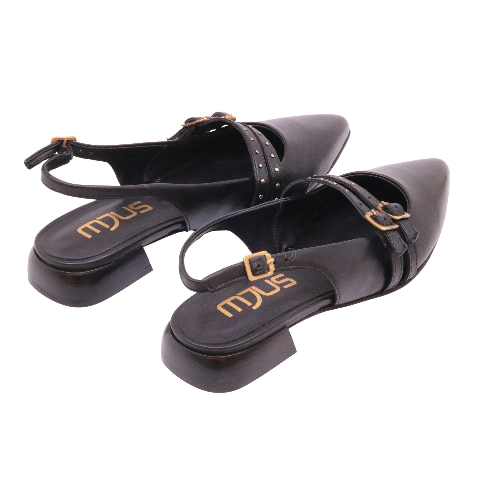 Mjus T98117 slingback donna in pelle nera con fibbie oro 