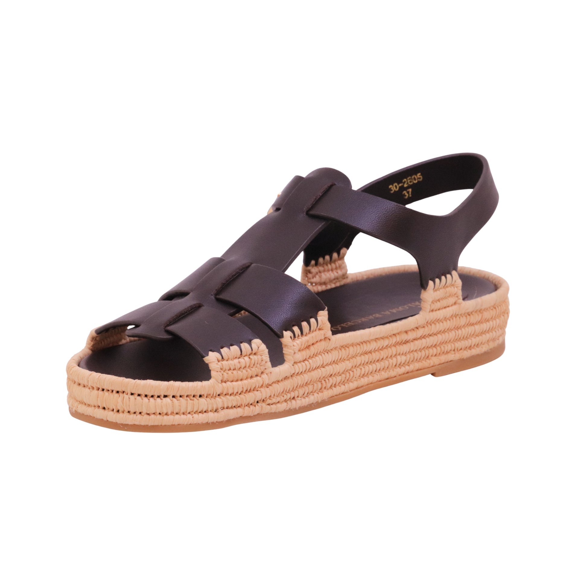 Paloma Barceló Yuka 302605 sandalo donna in pelle marrone con suola in rafia intrecciata 