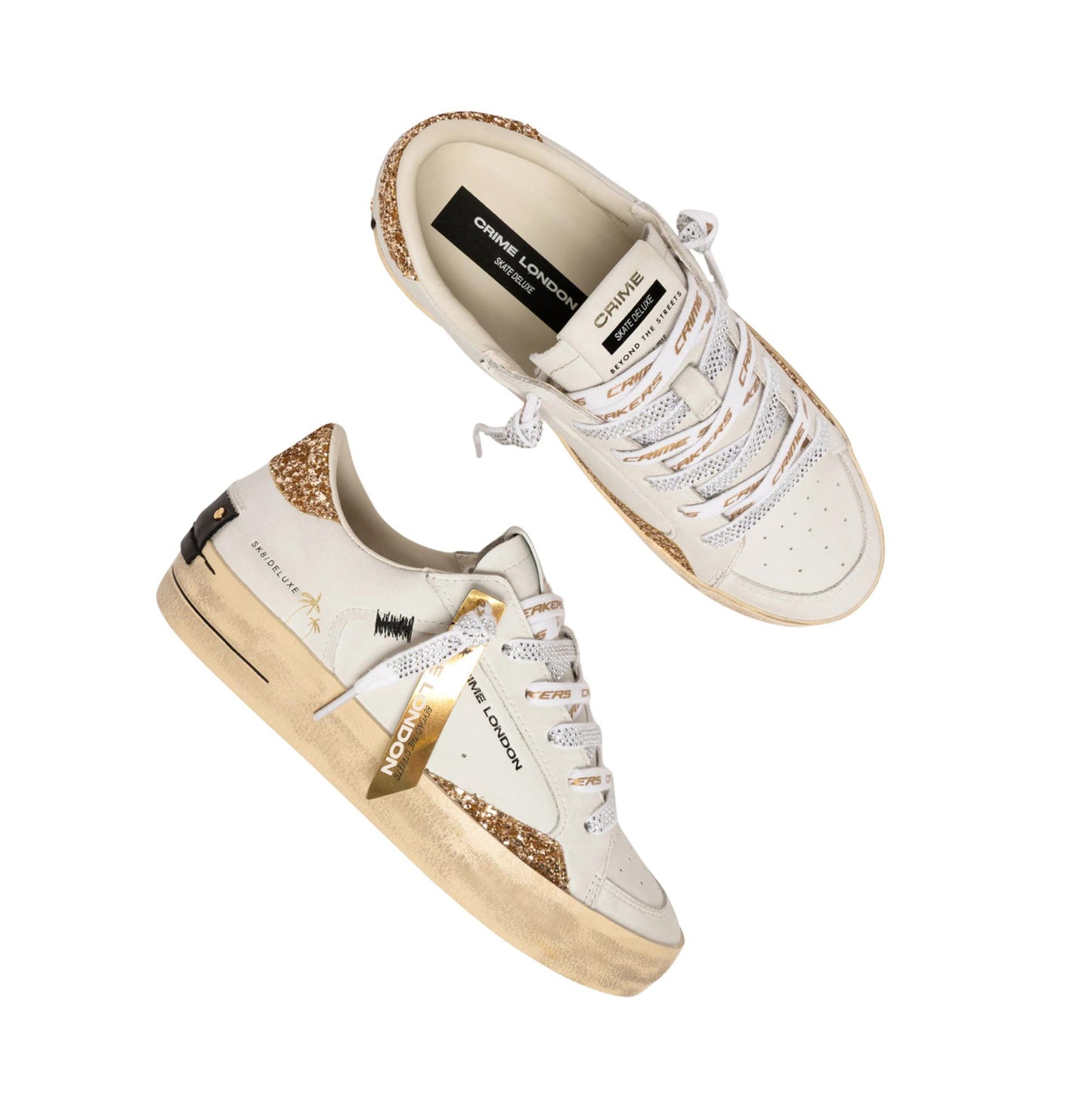 Crime London SK8 Deluxe Tequila Night 29102 sneaker donna in pelle bianca con glitter oro 