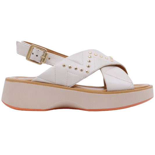 Sandalo zeppa Mjus T99002 in pelle latte con brochie oro 