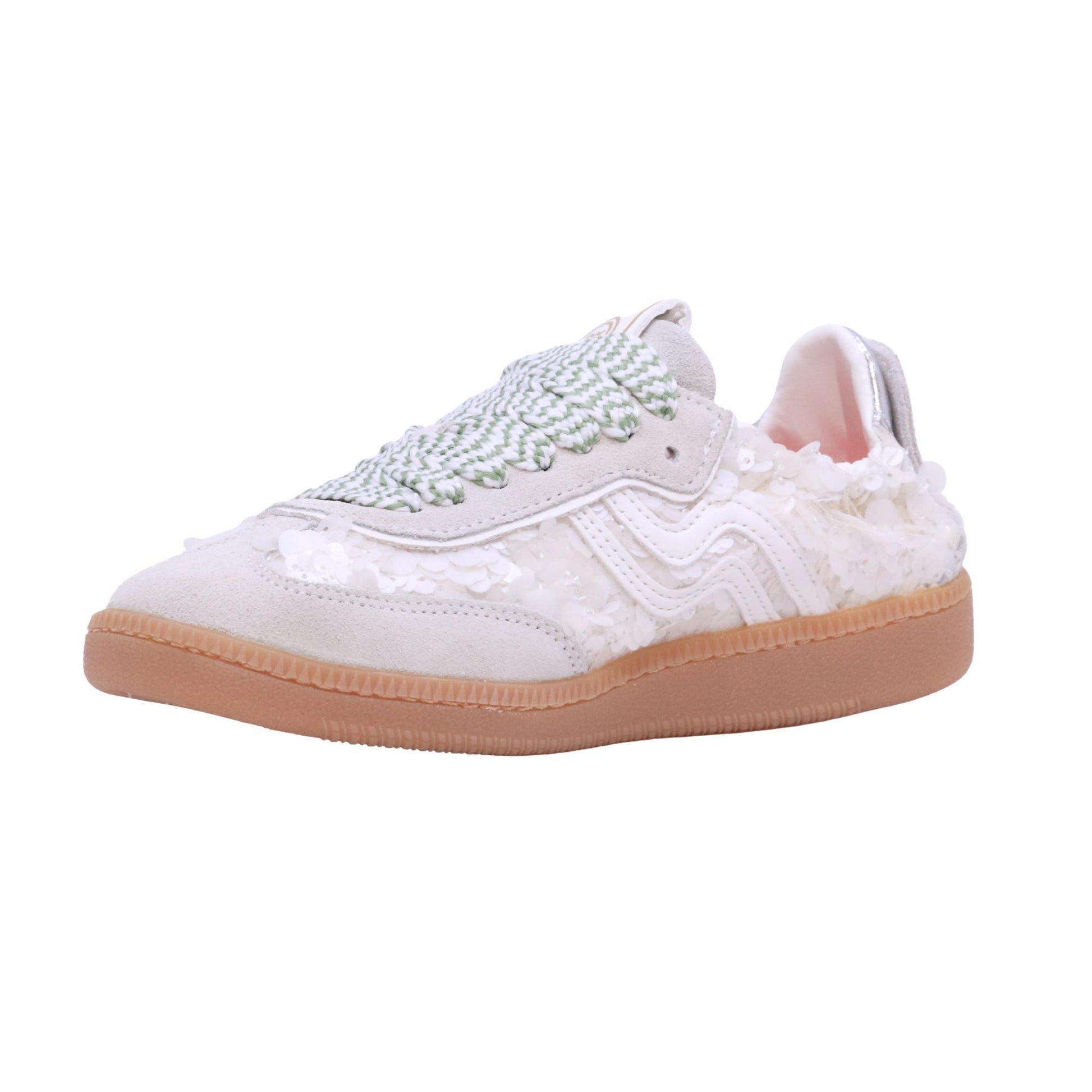 Primabase Borg 51501 sneaker donna in camoscio e tessuto con paillettes beige bianco e silver 