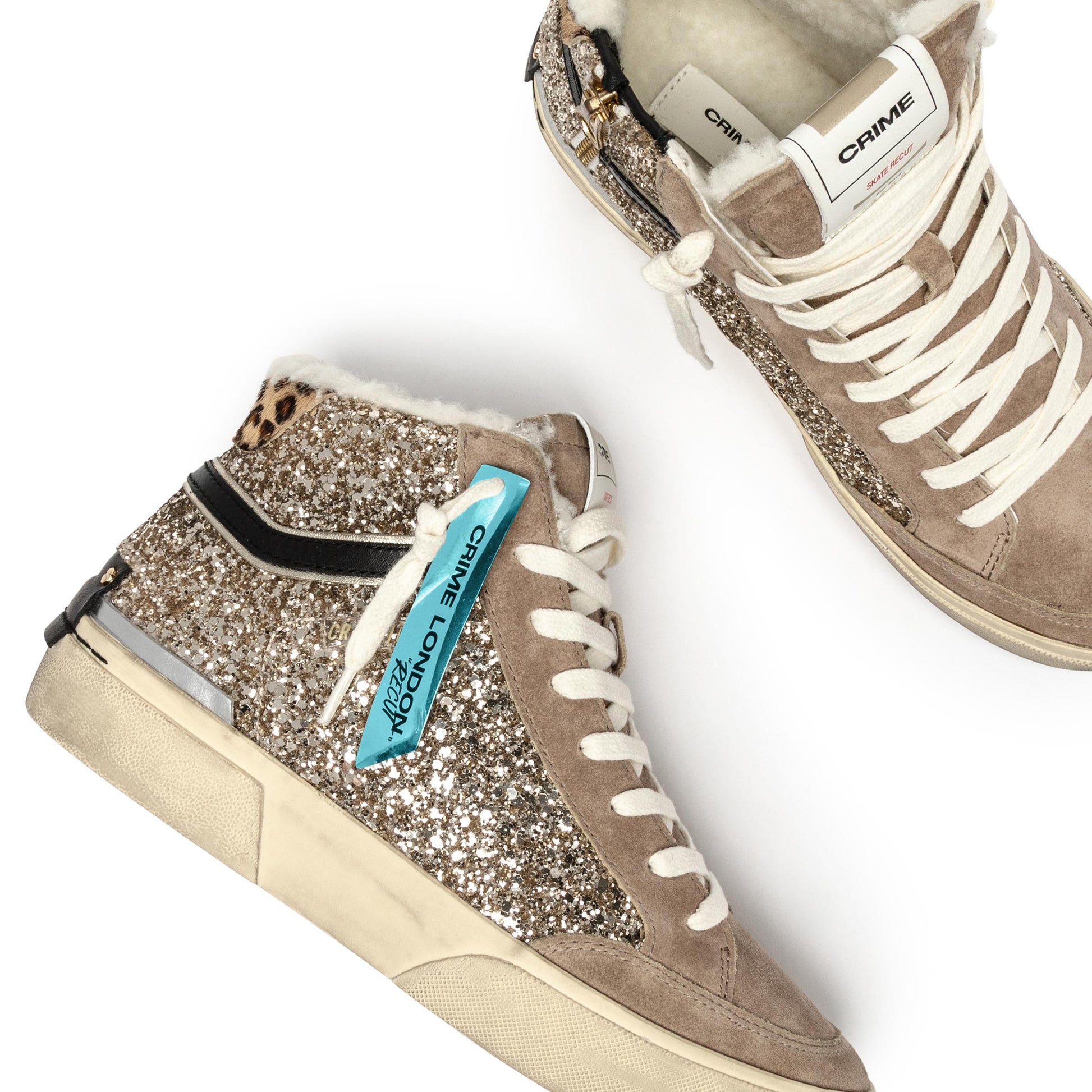 Crime London 25177 SK8 Recut High sneaker alta in suede e glitter beige 
