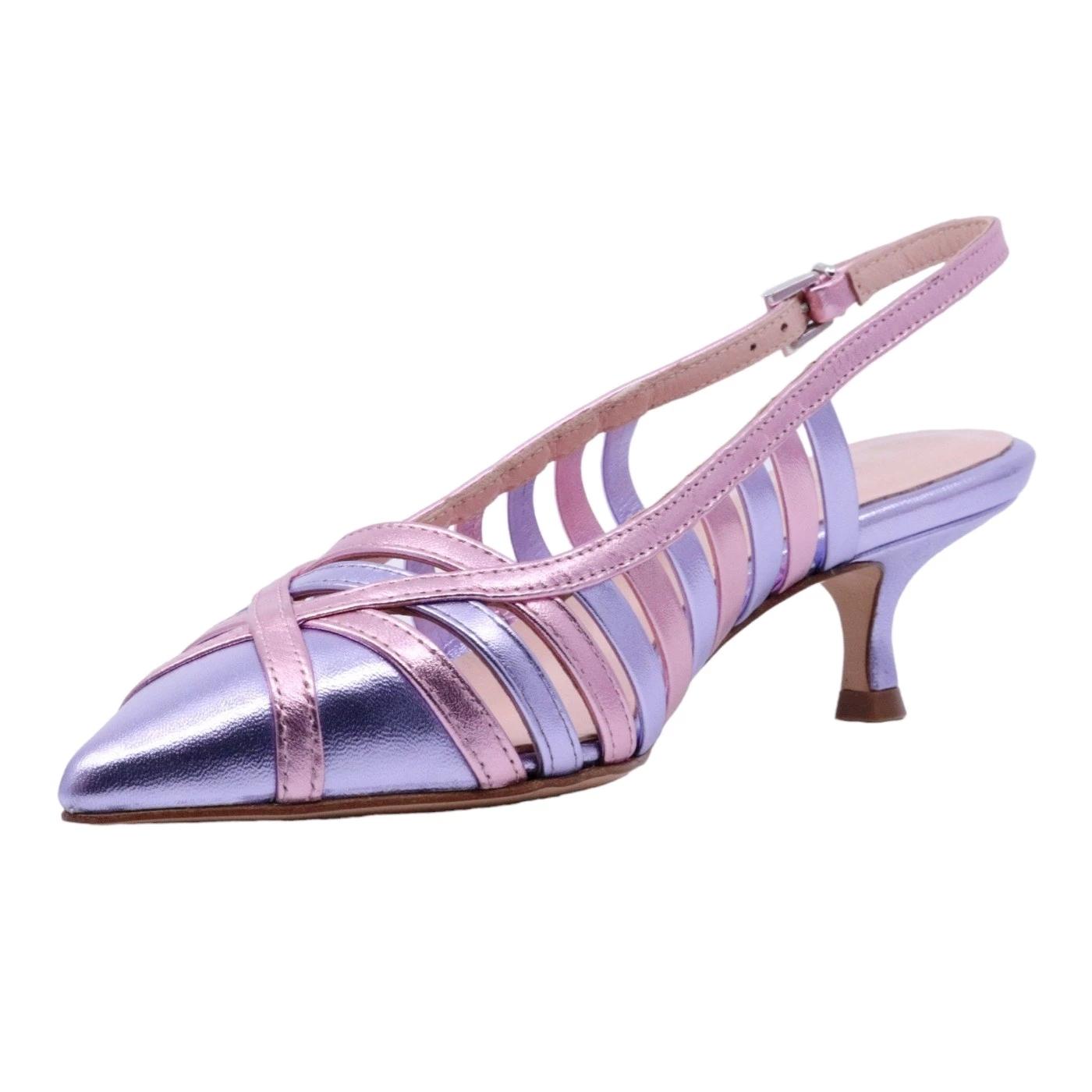 Slingback donna Anna F in pelle laminata di colore rosa e lilla 