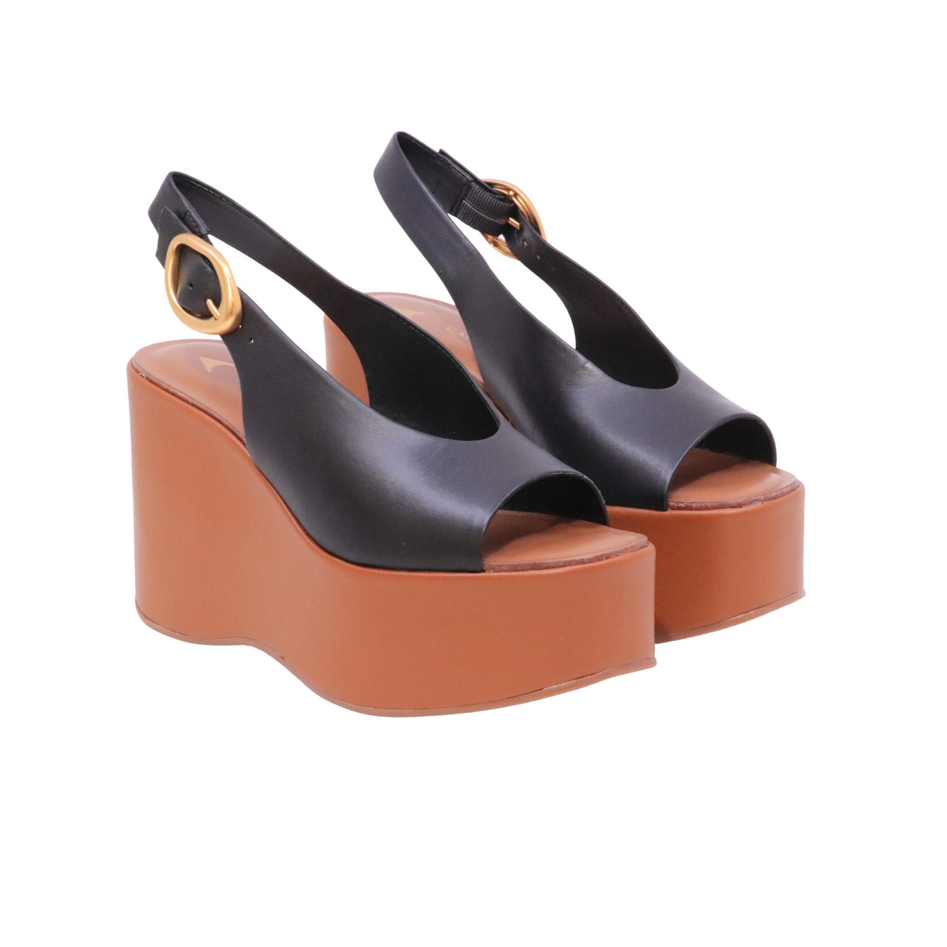 Carrano 949003 Vegetal sandalo zeppa donna in pelle nera con cinturino e plateau 
