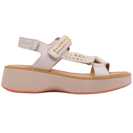 Sandalo zeppa Mjus T99004 in pelle latte con brochie oro 