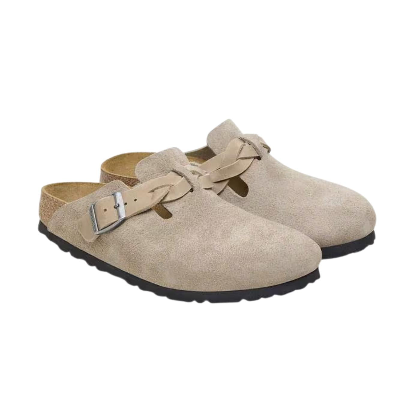 Birkenstock Boston Braided pelle scamosciata Taupe sabot co treccia narrow fit 