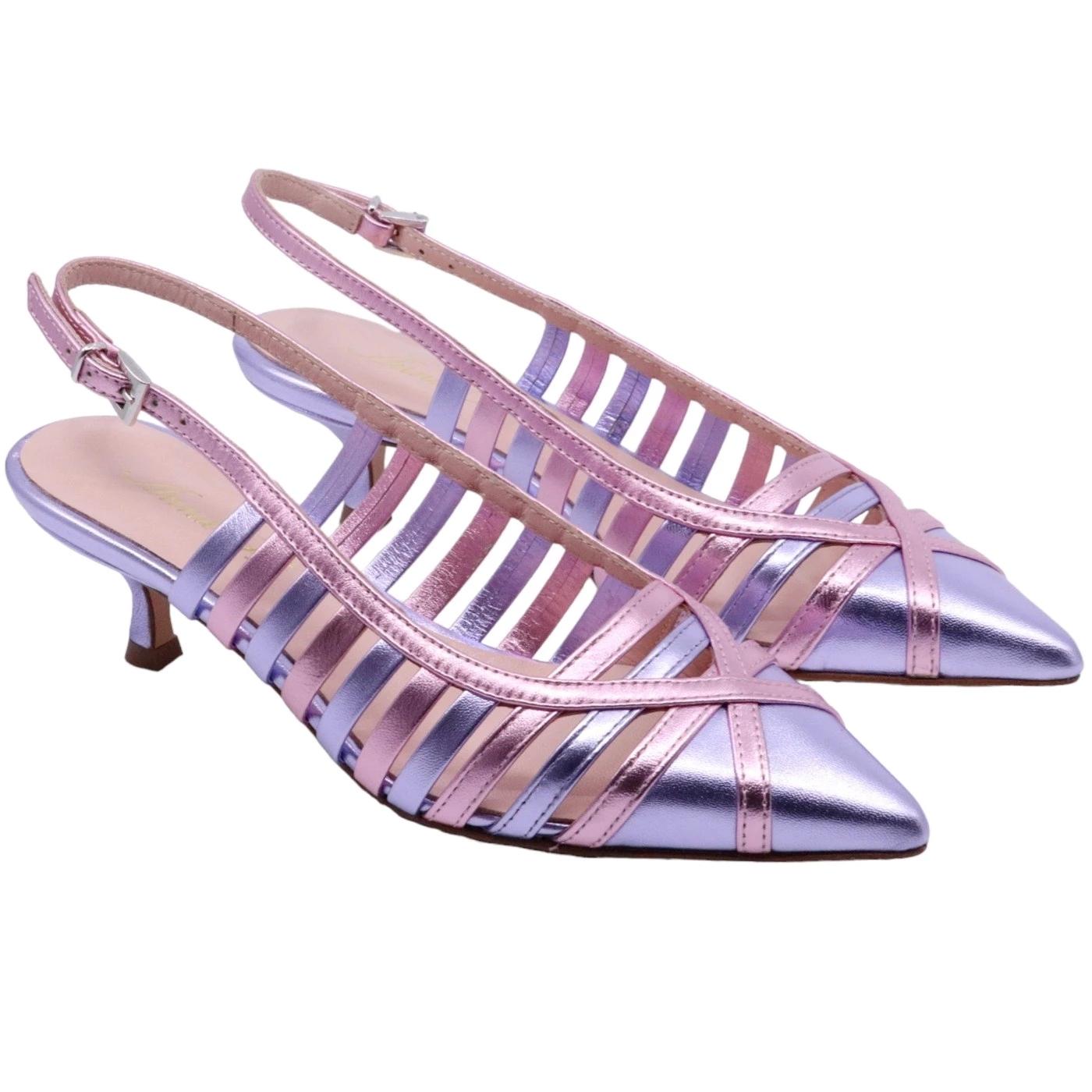 Slingback donna Anna F in pelle laminata di colore rosa e lilla 