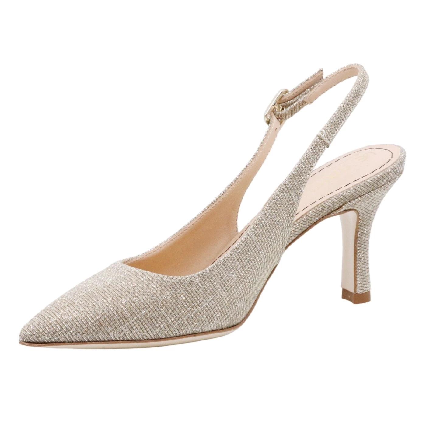 Slingback donna Le Briella Z827 in elegante pelle e tessuto di color platino 