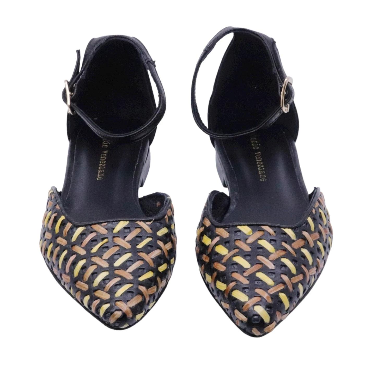 Slingback donna Poesie Veneziane JMUR28 intrecciato in rafia e pelle nera 