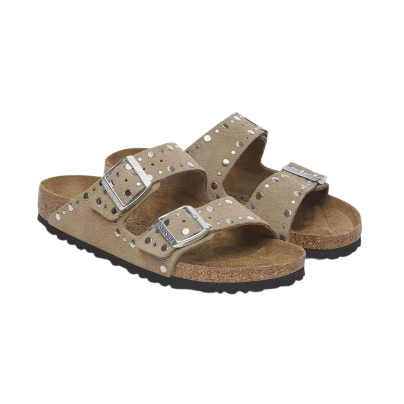 Birkenstock Arizona Rivet sandalo donna in camoscio taupe con doppia fibbia e borchie 