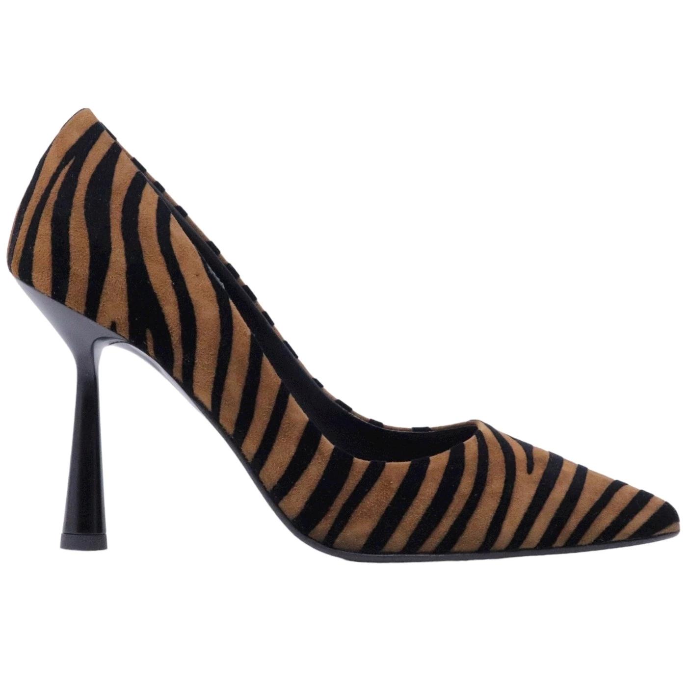 Décolleté donna Chantal 1962 in camoscio effetto zebra di colore nero e marrone 