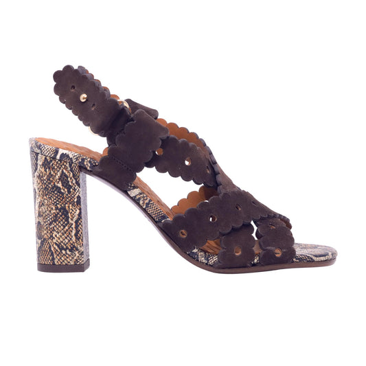 Chie Mihara Biby sandalo donna in camoscio marrone con tacco stampa serpente 