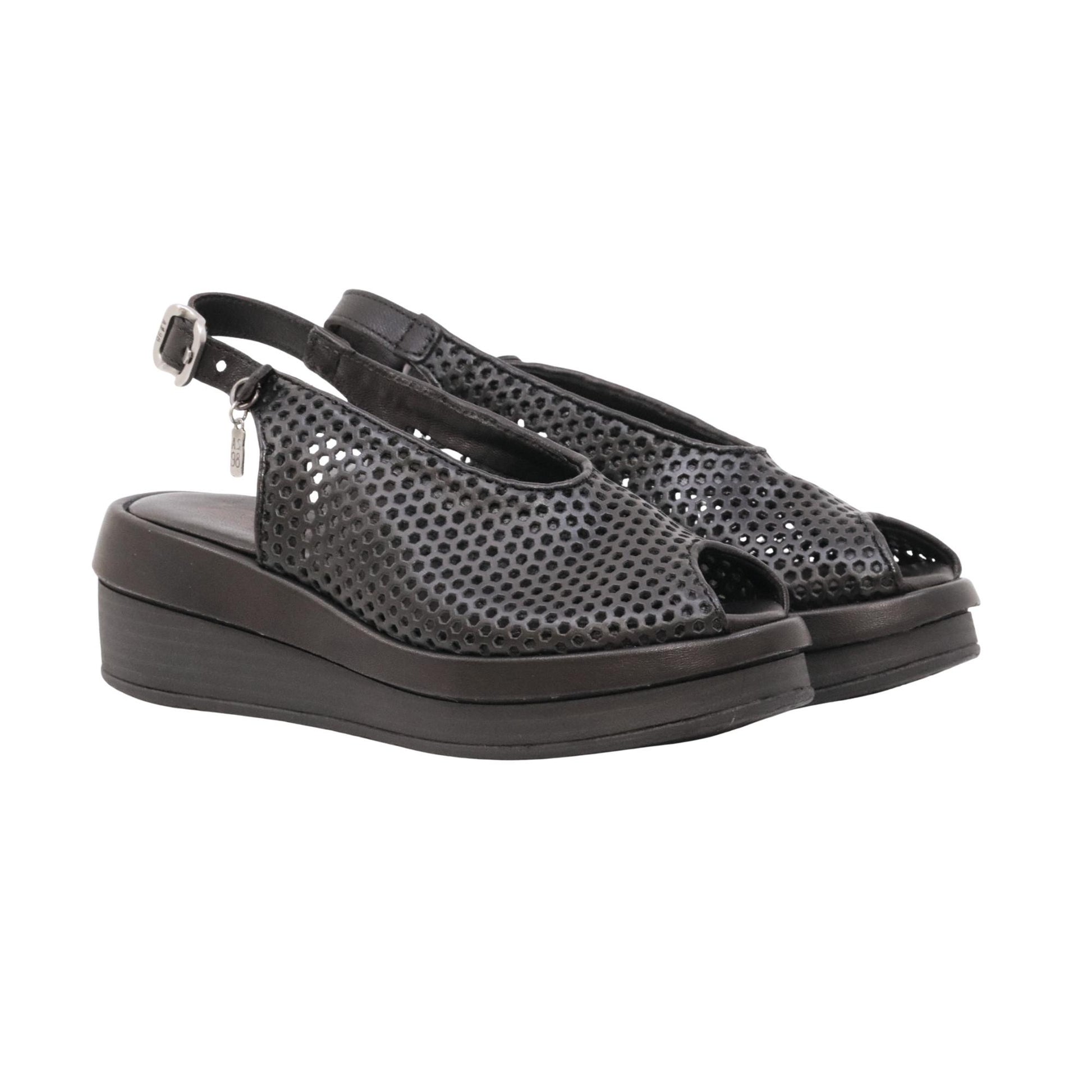 A.S.98 Sama C02011 sandalo donna in pelle nera traforata con zeppa<BR/> 