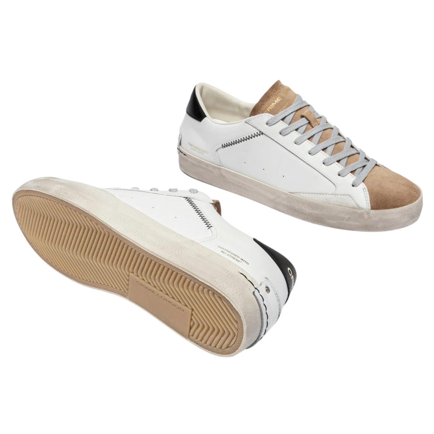 Crime London Distressed 14009 sneaker uomo in pelle bianca con talloncino nero casual vintage 