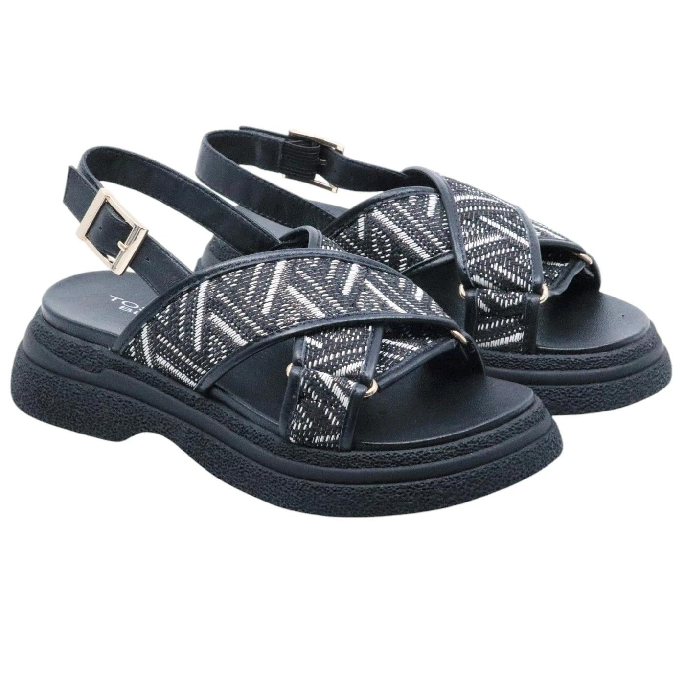 Sandalo donna Tosca Blu Venus in pelle nera e tessuto 