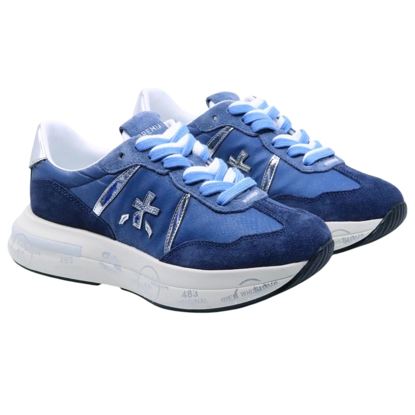 Premiata Cassie 7388 sneaker donna in tessuto blu e dettagli in camoscio 