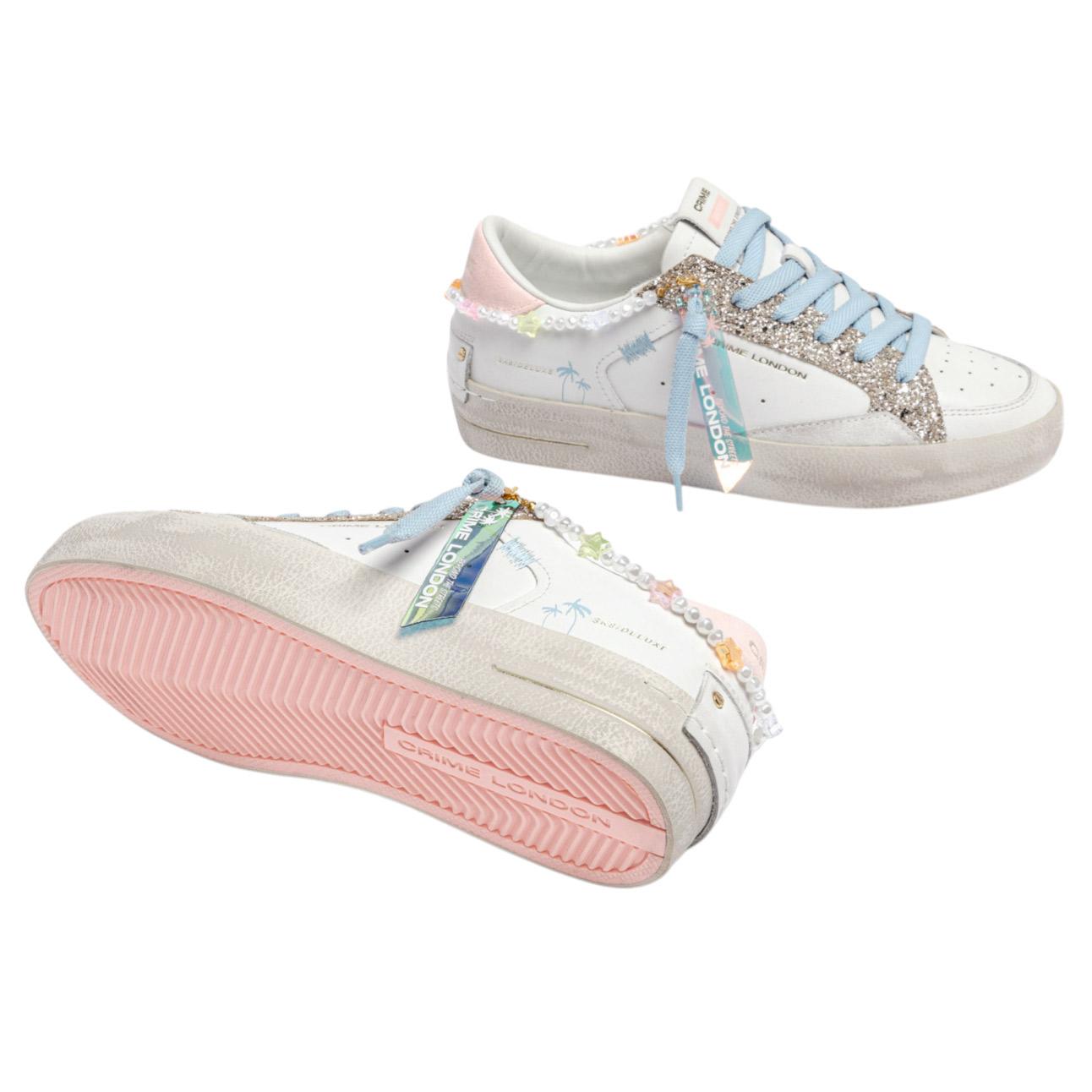 Sneaker donna Crime London Sk8 Deluxe 20103 in pelle bianca e glitter platino 