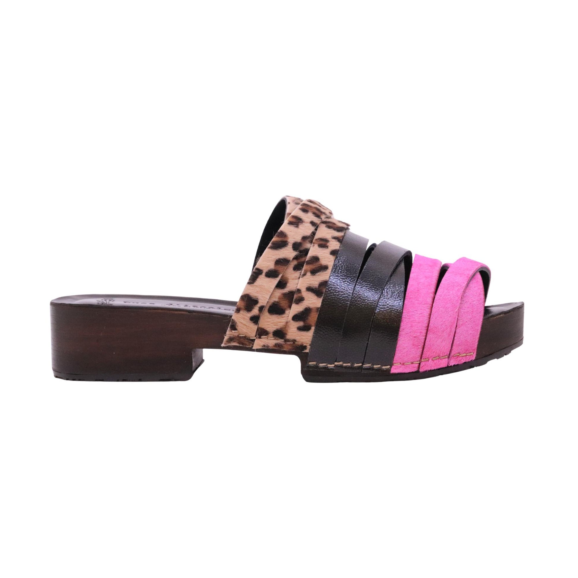 Duca D'Ascalona Nanette Martini sandalo sabot donna in pelle multicolor fuxia nero e cavallino maculato con suola in gomma 